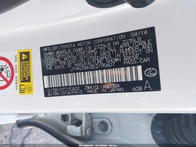 44884382 :رقم المزاد ، JTHKD5BH2E2195607 vin ، 2014 Lexus Ct 200h مزاد بيع