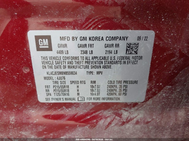 Aukcja sprzedaży 2022 Buick Encore Awd Preferred, vin: KL4CJESM8NB559034, numer aukcji: 44884390