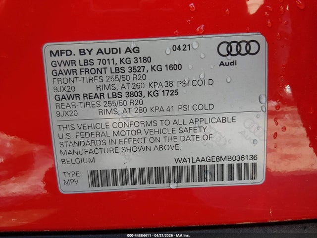 Aukcja sprzedaży 2021 Audi E-tron Premium Plus Quattro, vin: WA1LAAGE8MB036136, numer aukcji: 44884411