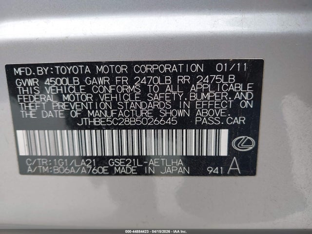 2011 Lexus Is 350 მანქანა იყიდება აუქციონზე, vin: JTHBE5C28B5026645, აუქციონის ნომერი: 44884423