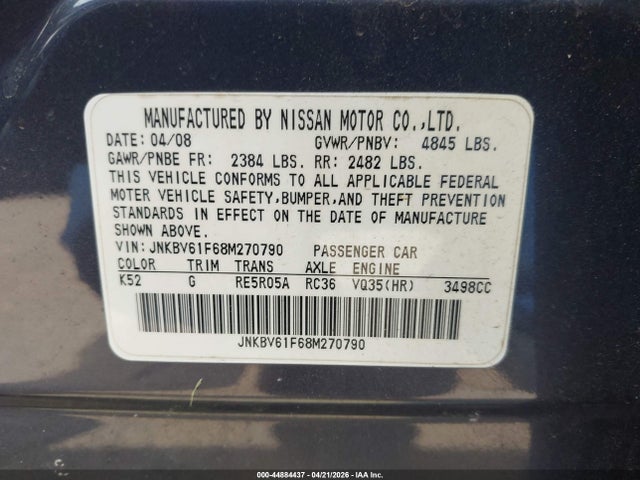 44884437 :رقم المزاد ، JNKBV61F68M270790 vin ، 2008 Infiniti G35x مزاد بيع