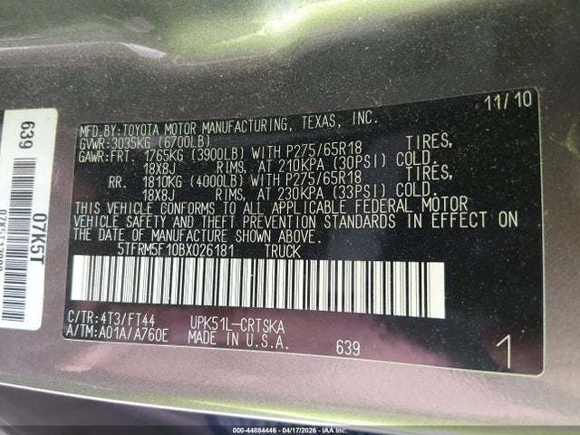 44884446 :رقم المزاد ، 5TFRM5F10BX026181 vin ، 2011 Toyota Tundra Grade 4.6l V8 مزاد بيع