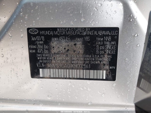 44884454 :رقم المزاد ، 5NMS3CAD1KH002863 vin ، 2019 Hyundai Santa Fe Sel مزاد بيع
