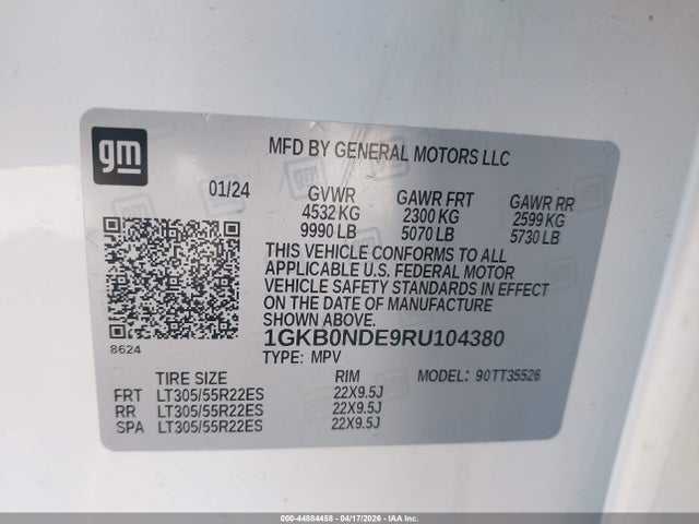 44884458 :رقم المزاد ، 1GKB0NDE9RU104380 vin ، 2024 Gmc Hummer Ev Suv 2x مزاد بيع