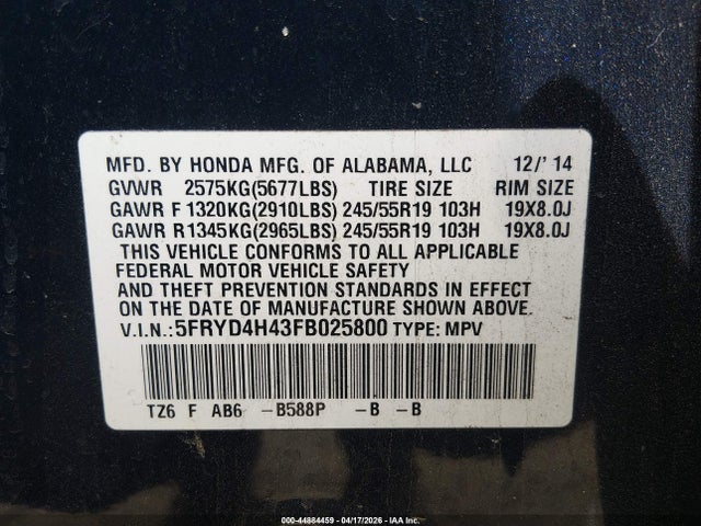 Продаж на аукціоні авто 2015 Acura Mdx Technology Package, vin: 5FRYD4H43FB025800, номер лоту: 44884459
