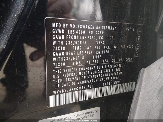 Продаж на аукціоні авто 2012 Volkswagen Tiguan Se, vin: WVGBV7AX0CW578658, номер лоту: 44884476