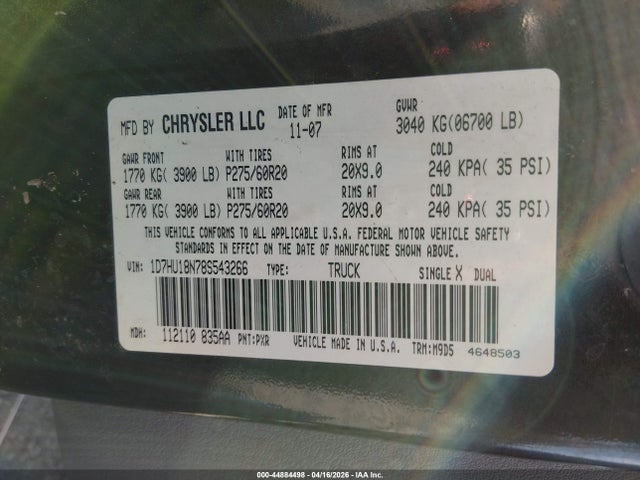 2008 Dodge Ram 1500 Slt მანქანა იყიდება აუქციონზე, vin: 1D7HU18N78S543266, აუქციონის ნომერი: 44884498