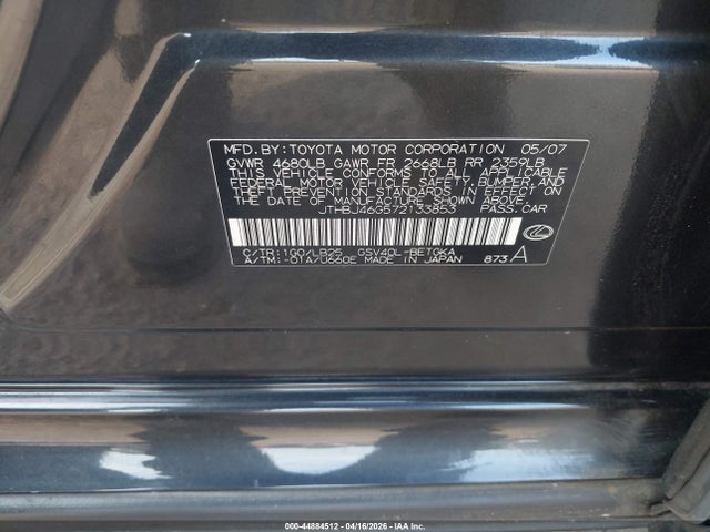 Aukcja sprzedaży 2007 Lexus Es 350, vin: JTHBJ46G572133853, numer aukcji: 44884512