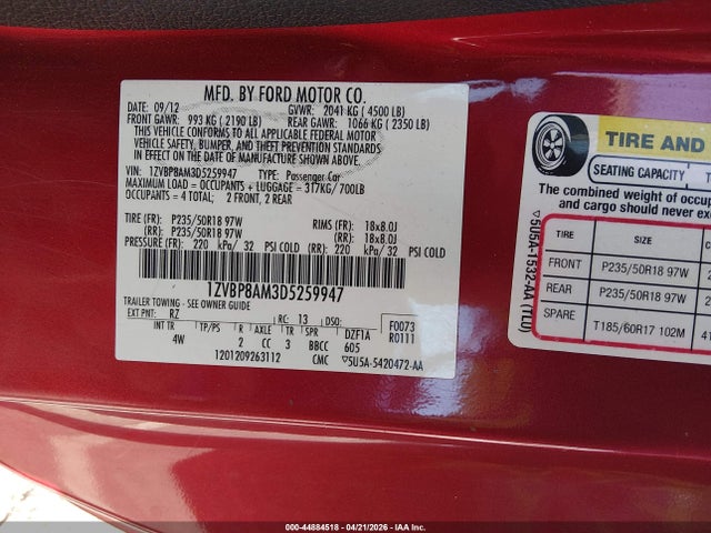 2013 Ford Mustang V6 Premium მანქანა იყიდება აუქციონზე, vin: 1ZVBP8AM3D5259947, აუქციონის ნომერი: 44884518