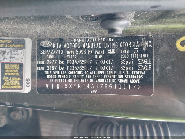 2011 Kia Sorento Lx მანქანა იყიდება აუქციონზე, vin: 5XYKT4A17BG111172, აუქციონის ნომერი: 44884519