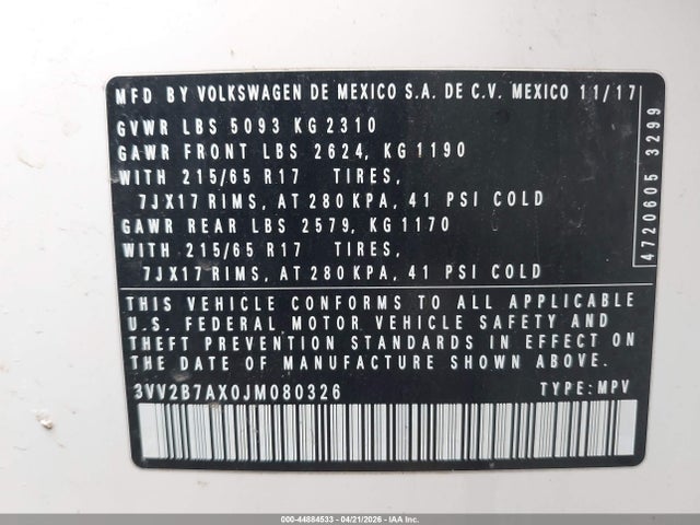 44884533 :رقم المزاد ، 3VV2B7AX0JM080326 vin ، 2018 Volkswagen Tiguan 2.0t Se/2.0t Sel مزاد بيع