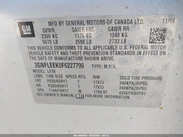 Продажа на аукционе авто 2015 Chevrolet Equinox Ls, vin: 2GNFLEEK0F6227799, номер лота: 44884536
