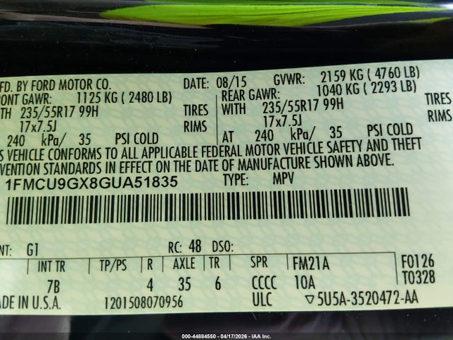 44884550 :رقم المزاد ، 1FMCU9GX8GUA51835 vin ، 2016 Ford Escape Se مزاد بيع