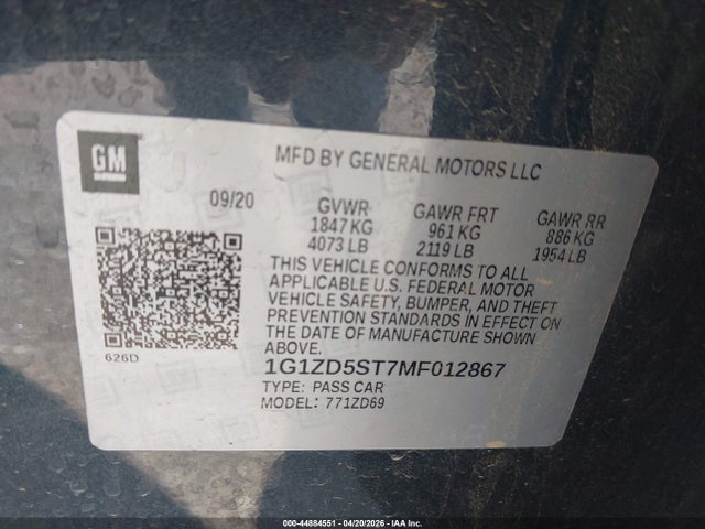Продаж на аукціоні авто 2021 Chevrolet Malibu Fwd Lt, vin: 1G1ZD5ST7MF012867, номер лоту: 44884551