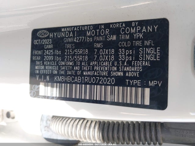 2024 Hyundai Kona Sel მანქანა იყიდება აუქციონზე, vin: KM8HBCAB1RU072020, აუქციონის ნომერი: 44884584