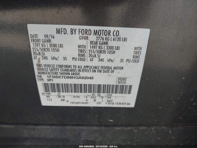 Продаж на аукціоні авто 2017 Ford Explorer Xlt, vin: 1FM5K7D88HGA92045, номер лоту: 44884608