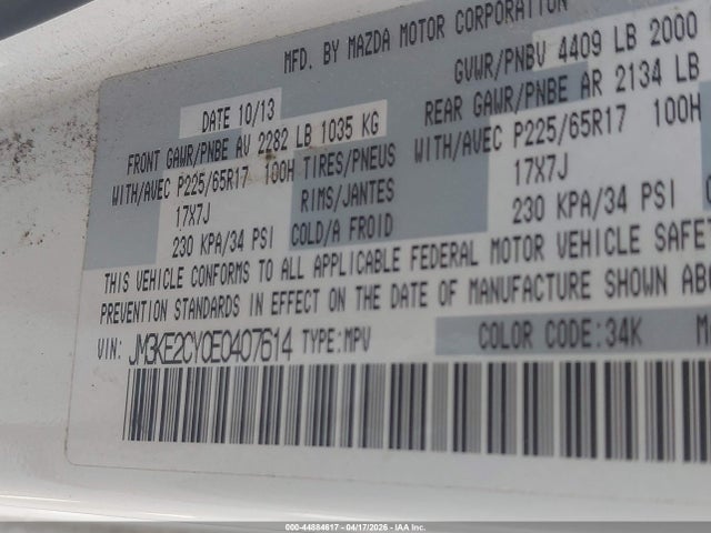 2014 Mazda Cx-5 Touring მანქანა იყიდება აუქციონზე, vin: JM3KE2CY0E0407614, აუქციონის ნომერი: 44884617