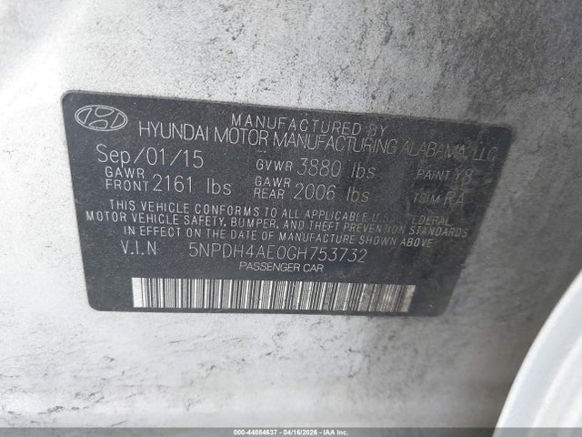 Aukcja sprzedaży 2016 Hyundai Elantra Se, vin: 5NPDH4AE0GH753732, numer aukcji: 44884637