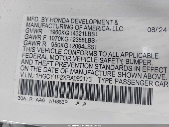 2024 Honda Accord Lx მანქანა იყიდება აუქციონზე, vin: 1HGCY1F2XRA090173, აუქციონის ნომერი: 44884662