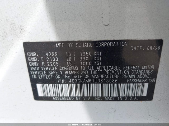 Aukcja sprzedaży 2020 Subaru Impreza Sport, vin: 4S3GKAM61L3613986, numer aukcji: 44884671