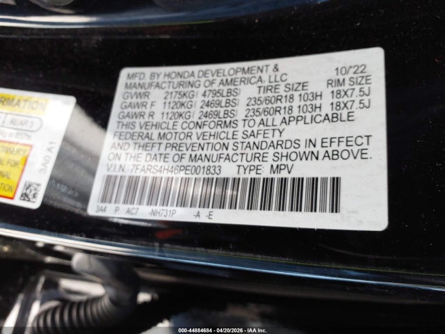 44884684 :رقم المزاد ، 7FARS4H46PE001833 vin ، 2023 Honda Cr-v Ex Awd مزاد بيع