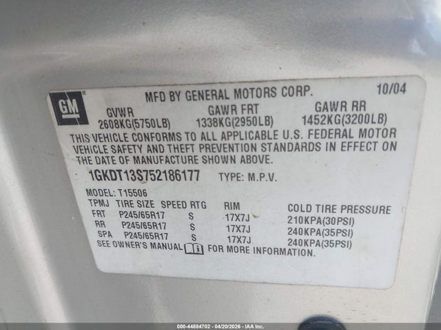 Продаж на аукціоні авто 2005 Gmc Envoy Sle, vin: 1GKDT13S752186177, номер лоту: 44884702