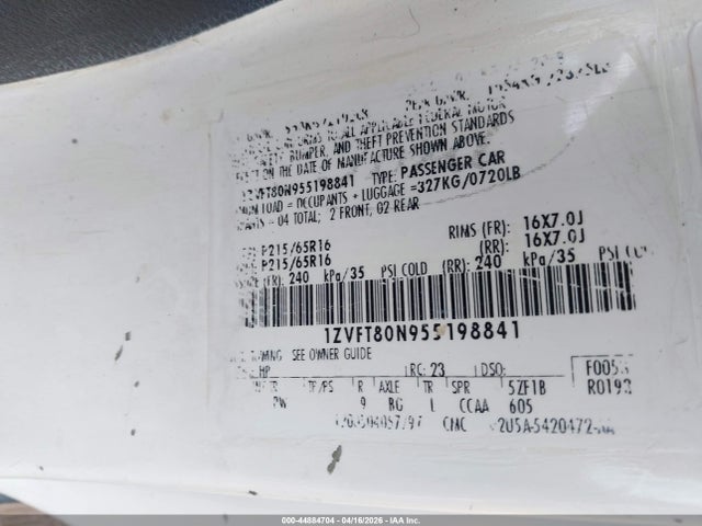 44884704 :رقم المزاد ، 1ZVFT80N955198841 vin ، 2005 Ford Mustang V6 Deluxe/v6 Premium مزاد بيع