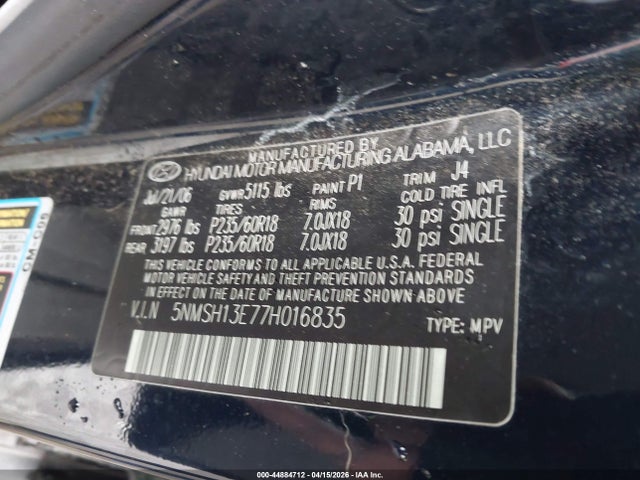 Aukcja sprzedaży 2007 Hyundai Santa Fe Limited/se, vin: 5NMSH13E77H016835, numer aukcji: 44884712