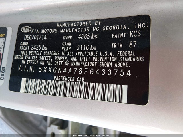 Продажа на аукционе авто 2015 Kia Optima Ex, vin: 5XXGN4A78FG433754, номер лота: 44884715