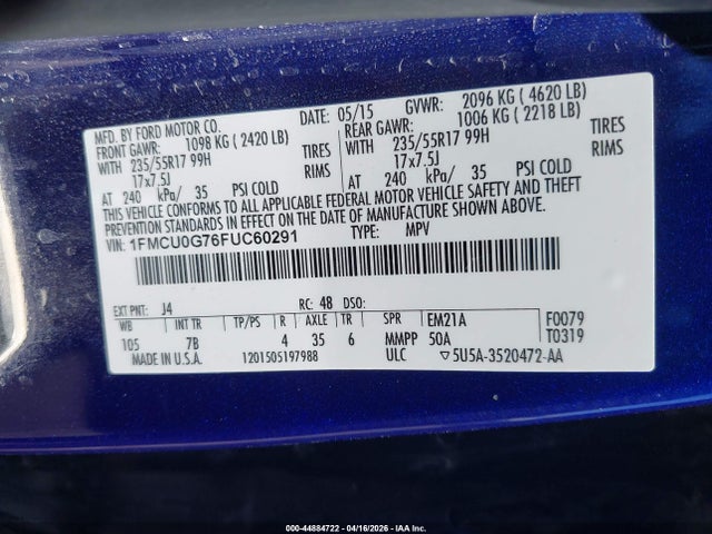 Aukcja sprzedaży 2015 Ford Escape Se, vin: 1FMCU0G76FUC60291, numer aukcji: 44884722