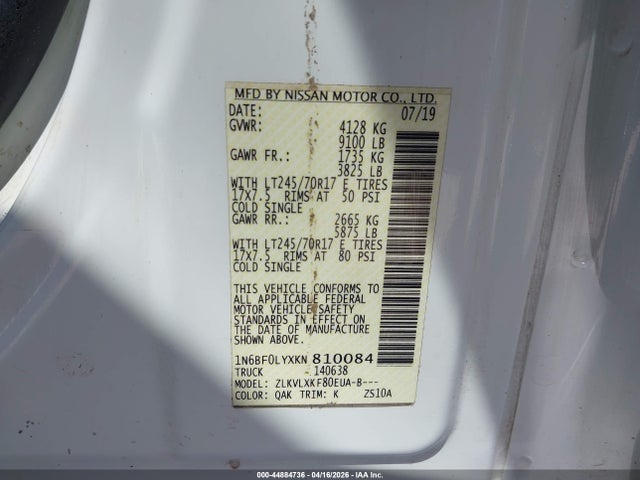 44884736 :رقم المزاد ، 1N6BF0LYXKN810084 vin ، 2019 Nissan Nv Cargo Nv2500 Hd Sv V6 مزاد بيع