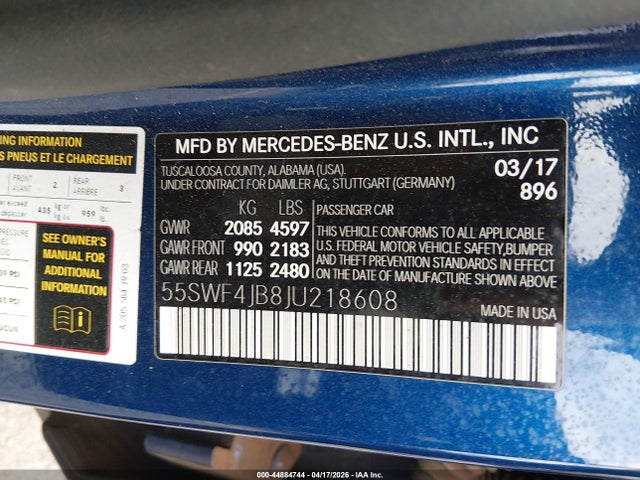 2018 Mercedes-benz C 300 მანქანა იყიდება აუქციონზე, vin: 55SWF4JB8JU218608, აუქციონის ნომერი: 44884744