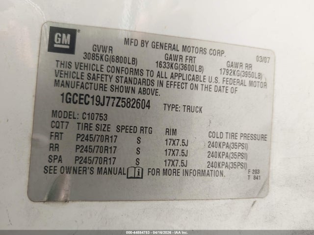 44884753 :رقم المزاد ، 1GCEC19J77Z582604 vin ، 2007 Chevrolet Silverado 1500 Lt2 مزاد بيع