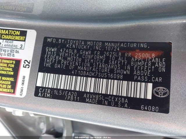 2025 Toyota Camry Se მანქანა იყიდება აუქციონზე, vin: 4T1DBADK7SU516098, აუქციონის ნომერი: 44884769