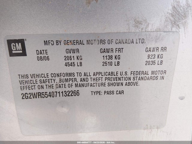 Aukcja sprzedaży 2007 Pontiac Grand Prix Gt, vin: 2G2WR554071132266, numer aukcji: 44884777