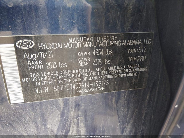 Aukcja sprzedaży 2022 Hyundai Sonata Sel Plus, vin: 5NPEJ4J29NH139175, numer aukcji: 44884779