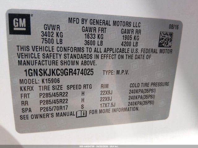 2016 Chevrolet Suburban Ltz მანქანა იყიდება აუქციონზე, vin: 1GNSKJKC9GR474025, აუქციონის ნომერი: 44884789