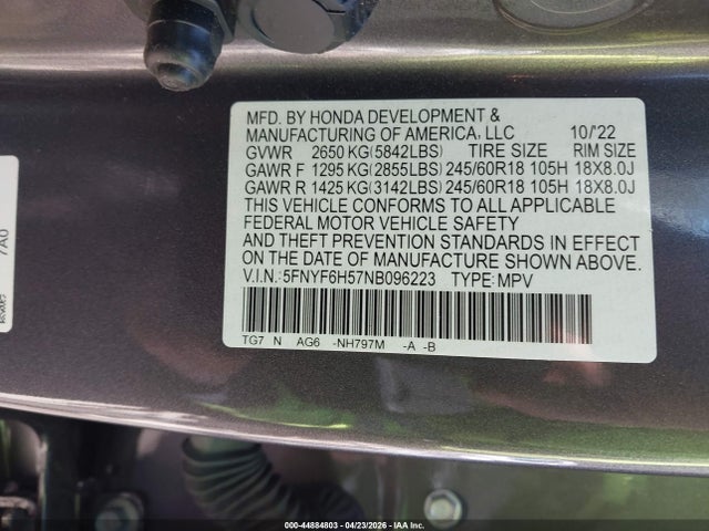 Продаж на аукціоні авто 2022 Honda Pilot Awd Ex-l, vin: 5FNYF6H57NB096223, номер лоту: 44884803