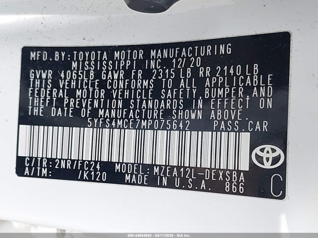 2021 Toyota Corolla Se Apex Edition მანქანა იყიდება აუქციონზე, vin: 5YFS4MCE7MP075642, აუქციონის ნომერი: 44884805