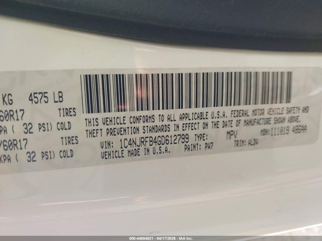 Продажа на аукционе авто 2016 Jeep Patriot High Altitude Edition, vin: 1C4NJRFB4GD612799, номер лота: 44884821