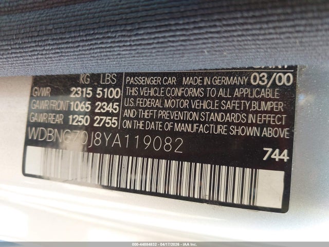 Aukcja sprzedaży 2000 Mercedes-benz S 430, vin: WDBNG70J8YA119082, numer aukcji: 44884832