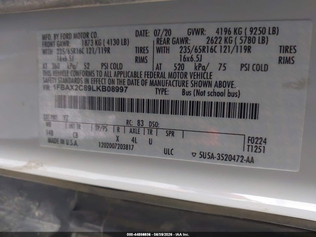 1FBAX2C89LKB08997 Ford Transit-350 Passenger Van Xl