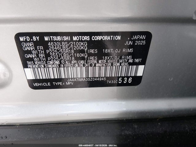 Aukcja sprzedaży 2025 Mitsubishi Eclipse Cross Black Edition S-awc/se S-awc/sel S-awc, vin: JA4ATWAA3SZ044945, numer aukcji: 44884837