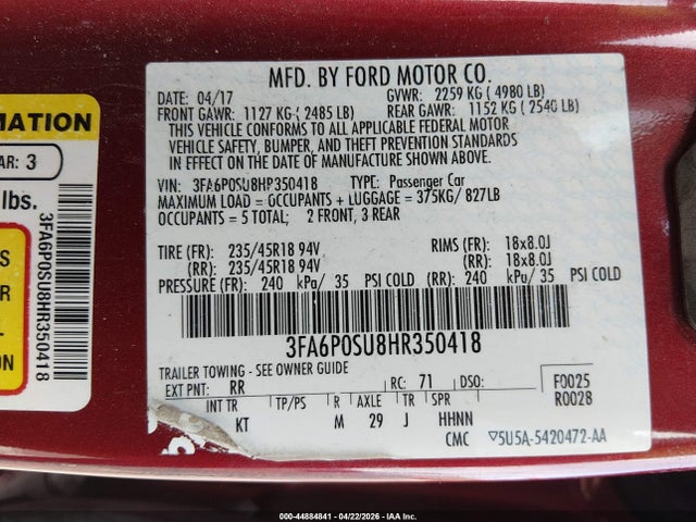 Aukcja sprzedaży 2017 Ford Fusion Energi Titanium, vin: 3FA6P0SU8HR350418, numer aukcji: 44884841