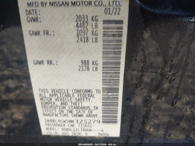 2022 Nissan Altima Sr Intelligent Awd მანქანა იყიდება აუქციონზე, vin: 1N4BL4CW5NN325279, აუქციონის ნომერი: 44884853