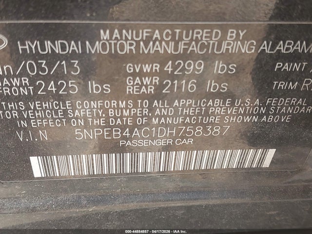 Aukcja sprzedaży 2013 Hyundai Sonata Gls, vin: 5NPEB4AC1DH758387, numer aukcji: 44884857