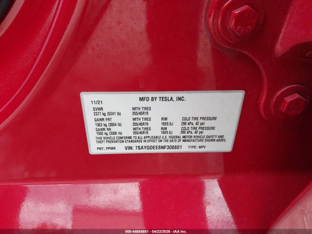 Продажа на аукционе авто 2022 Tesla Model Y Long Range Dual Motor All-wheel Drive, vin: 7SAYGDEE8NF308801, номер лота: 44884881