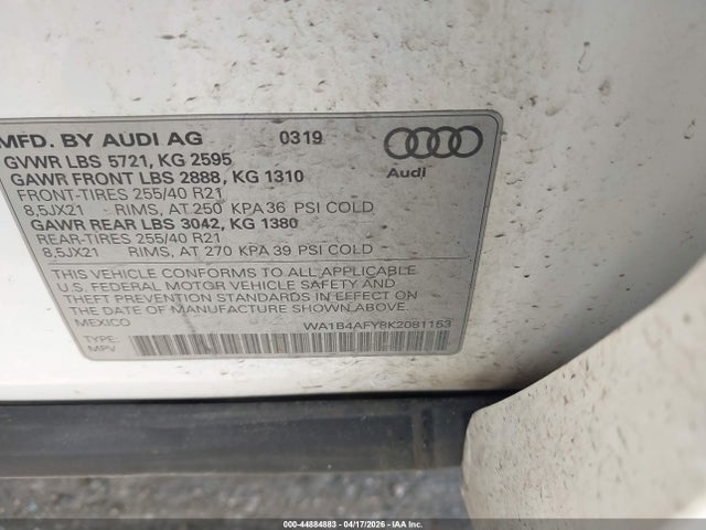 2019 Audi Sq5 3.0t Premium მანქანა იყიდება აუქციონზე, vin: WA1B4AFY8K2081153, აუქციონის ნომერი: 44884883
