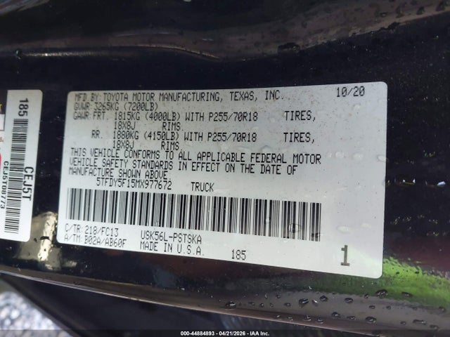 Продаж на аукціоні авто 2021 Toyota Tundra Sr5, vin: 5TFDY5F15MX977672, номер лоту: 44884893