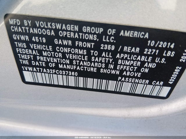 Aukcja sprzedaży 2015 Volkswagen Passat 1.8t Wolfsburg Edition, vin: 1VWAT7A32FC037360, numer aukcji: 44884898